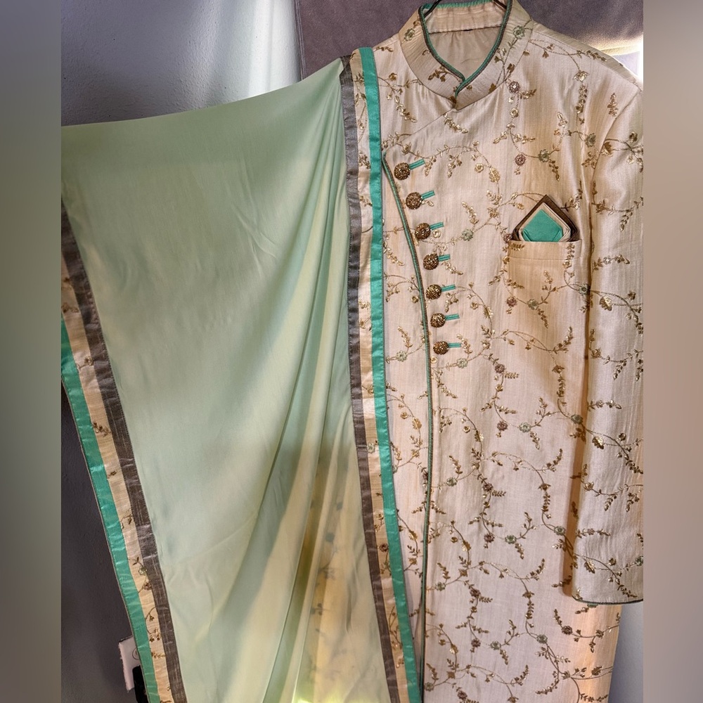 Cream and Sea Foam embroidered Sherwani - Picture 5 of 5